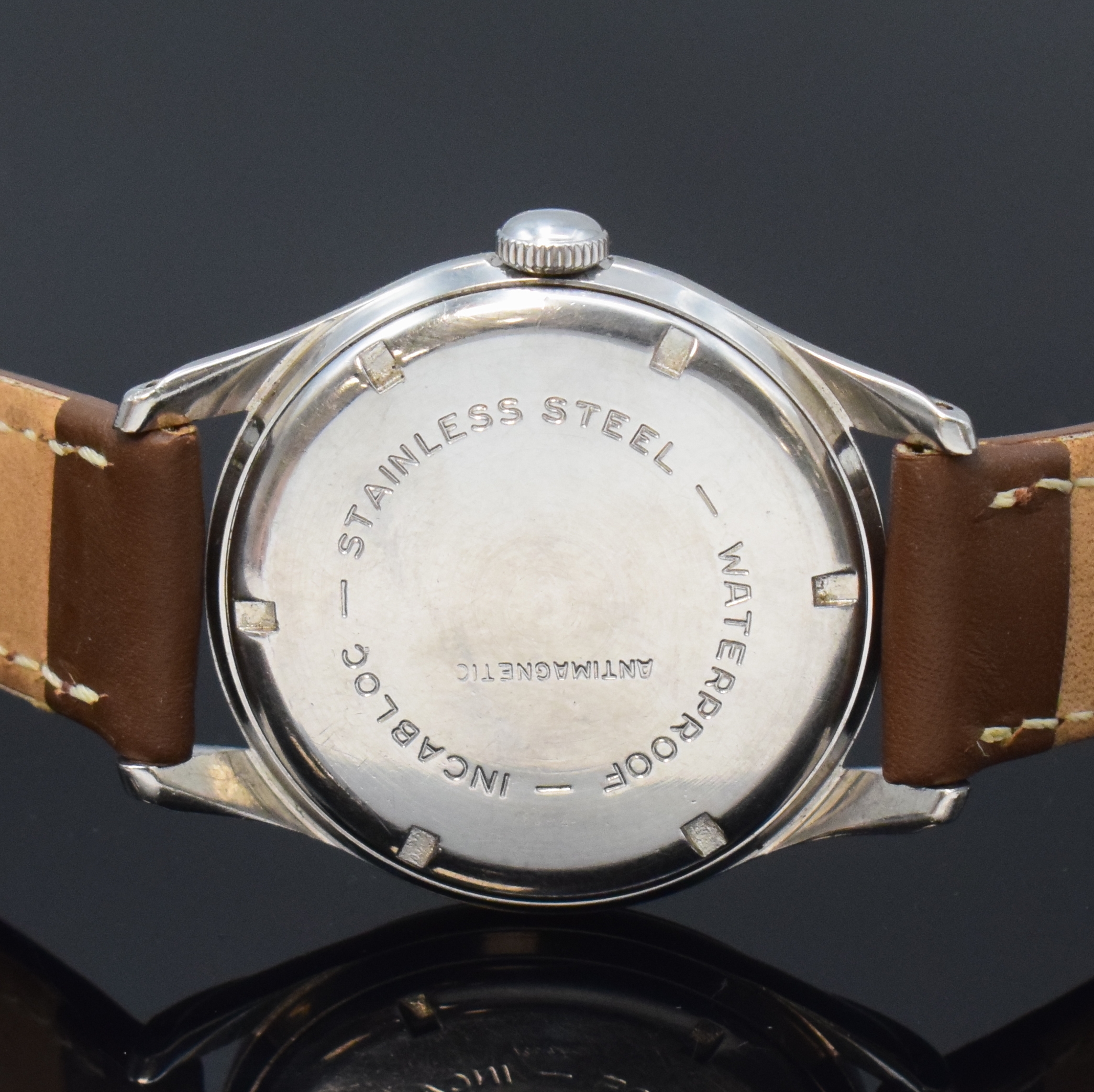 Detail c: ARSA Chronometre seltener Armbandchronometer in Stahl, Schweiz um 1955, Handaufzug, verschr. Stahlgeh., silb. Zifferbl. pat., aufges. gold. Indizes, ...