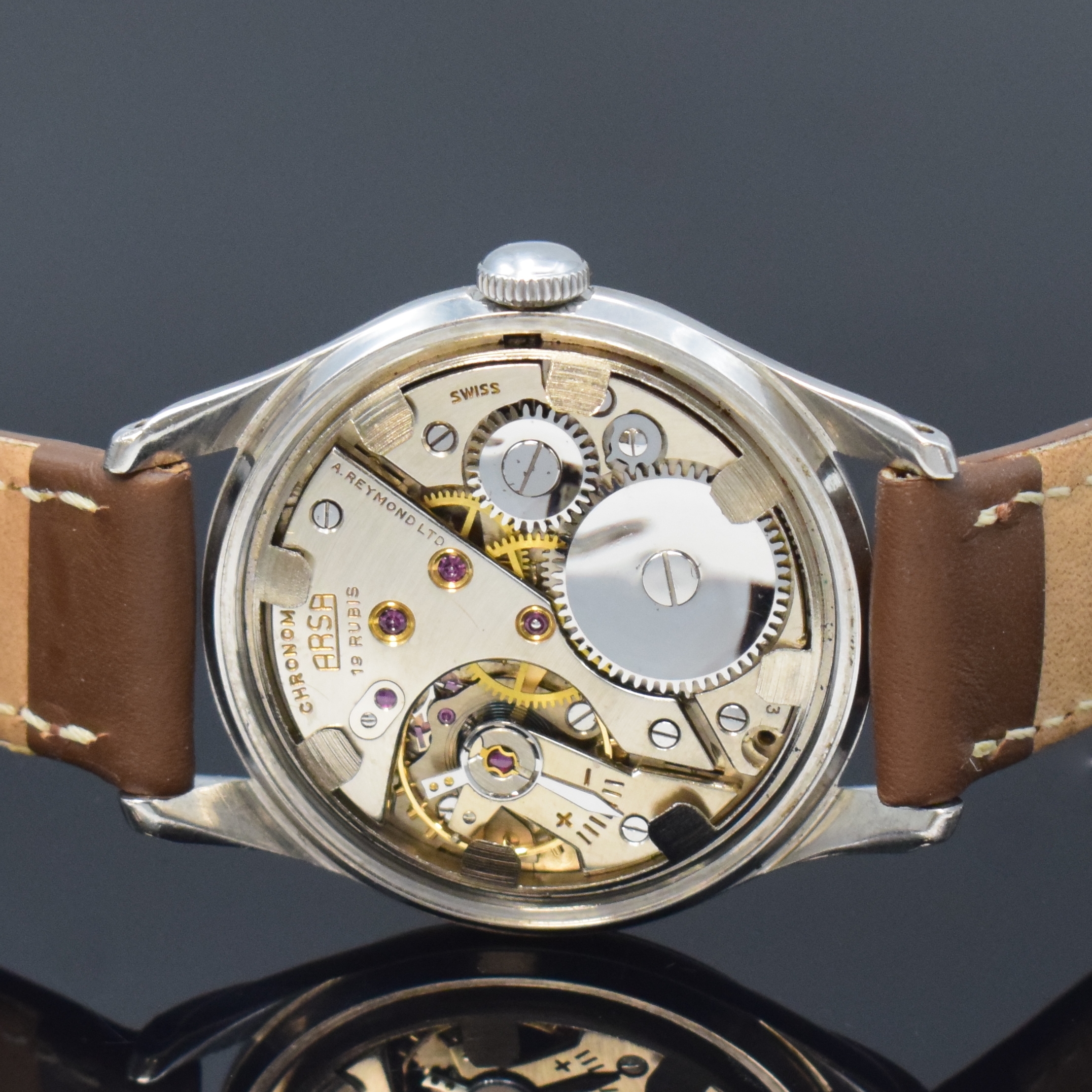 Detail d: ARSA Chronometre seltener Armbandchronometer in Stahl, Schweiz um 1955, Handaufzug, verschr. Stahlgeh., silb. Zifferbl. pat., aufges. gold. Indizes, ...