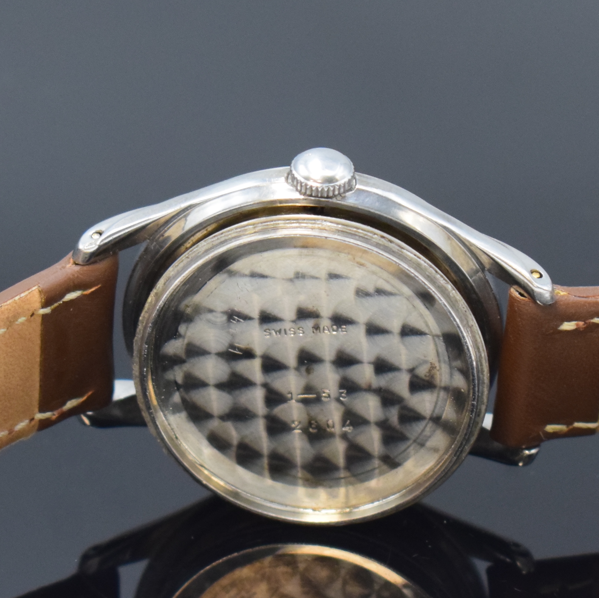 Detail e: ARSA Chronometre seltener Armbandchronometer in Stahl, Schweiz um 1955, Handaufzug, verschr. Stahlgeh., silb. Zifferbl. pat., aufges. gold. Indizes, ...