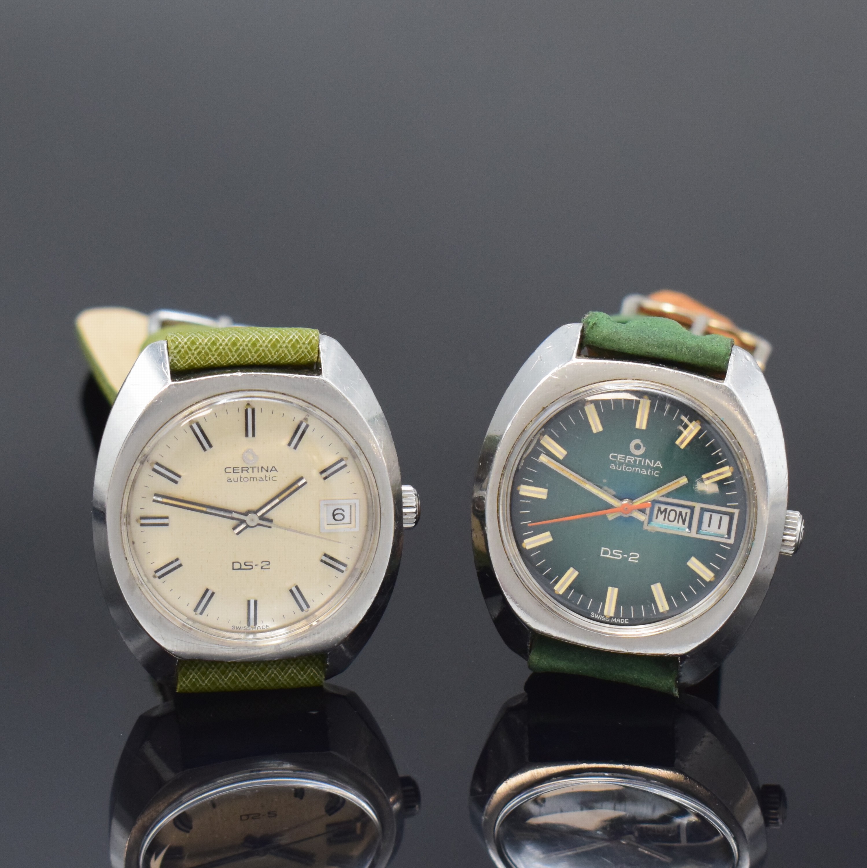CERTINA DS-2 2 Herrenarmbanduhren in Stahl, Schweiz um 1970, Automatik, tonneauförm. Geh., verschr. Böden m. Schildkröte, orig. Kronen, 1 x ...