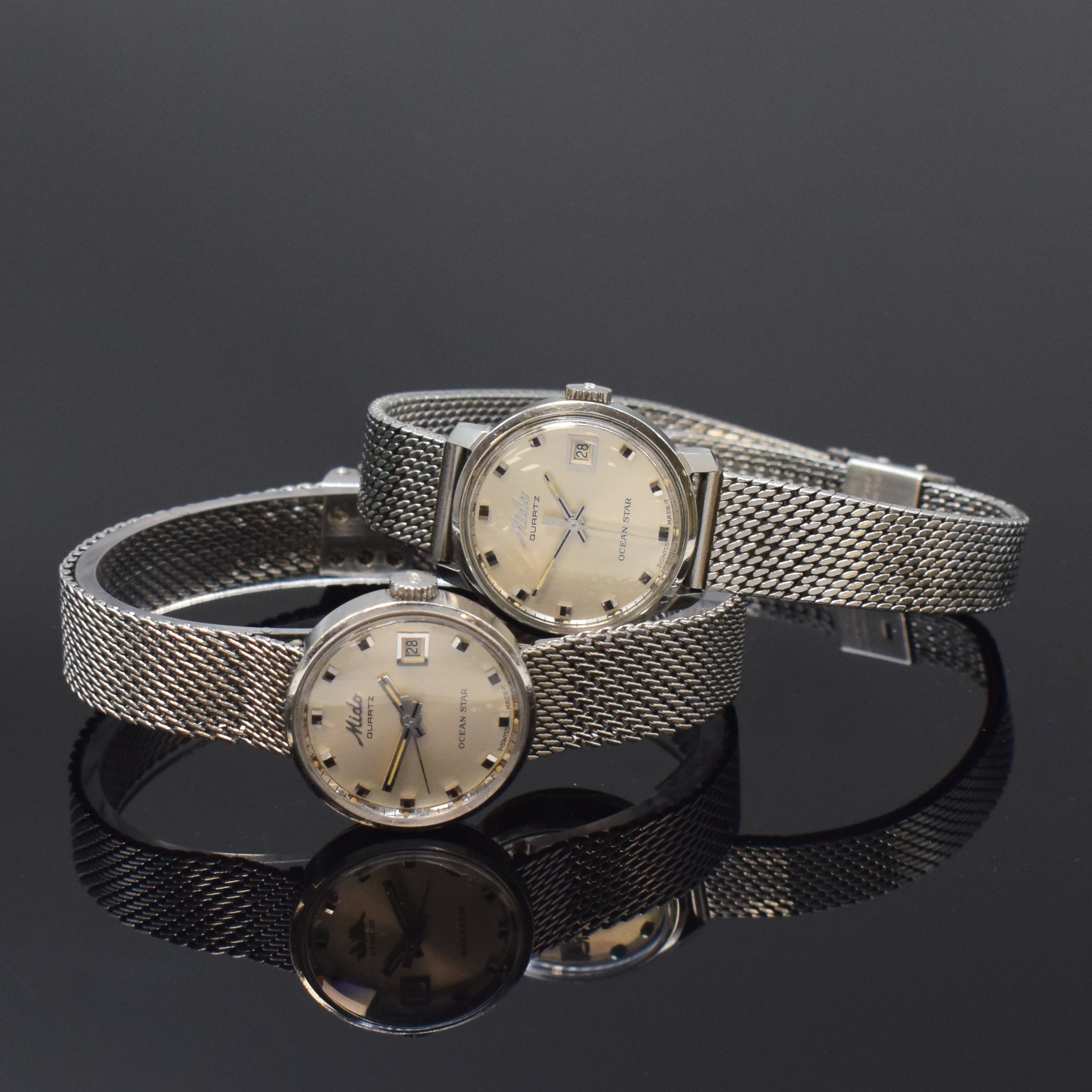 MIDO Ocean Star 2 Damenarmbanduhren in Stahl am Milanaiseband Referenz 7163 / 7167, Schweiz um 1970, quartz, Monocoque-Geh., orig. Kronen u. Gläser, ...