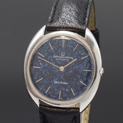 26779949a - UNIVERSAL White Shadow thin self winding- wristwatch reference 866101/05 in steel, Switzerland around 1968, two piece construction case, snap on case back, original winding crown, blue marbled dial with hairline cracks (so called "Spiderweb"), applied silvered indices, silvered hands, micro-rotor-movement calibre 1-66 with fausses cotes decoration, 25 jewels, diameter approx. 35 mm, overhaul recommended at buyer's expense, condition 2, property of a collector