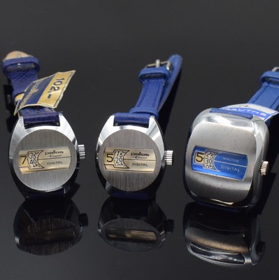 26779971a - PALLAS / Mauthe 3 rare nearly mint digital lady`s wristwatches, Switzerland around 1975, manual winding, chrome-plated cases, pressed on steel backs, digital display of the hour and minutes, 2 x Pallas Eppo with silvered dial, 1 x Mauthe Digital with blue dial, nickel plated movements calibre Otero 236, 17 jewels, Pallas diameter approx. 24 mm, Mauthe measures approx. 32 x 27 mm, overhaul recommended at buyer's expense, condition 1-2, property of a collector