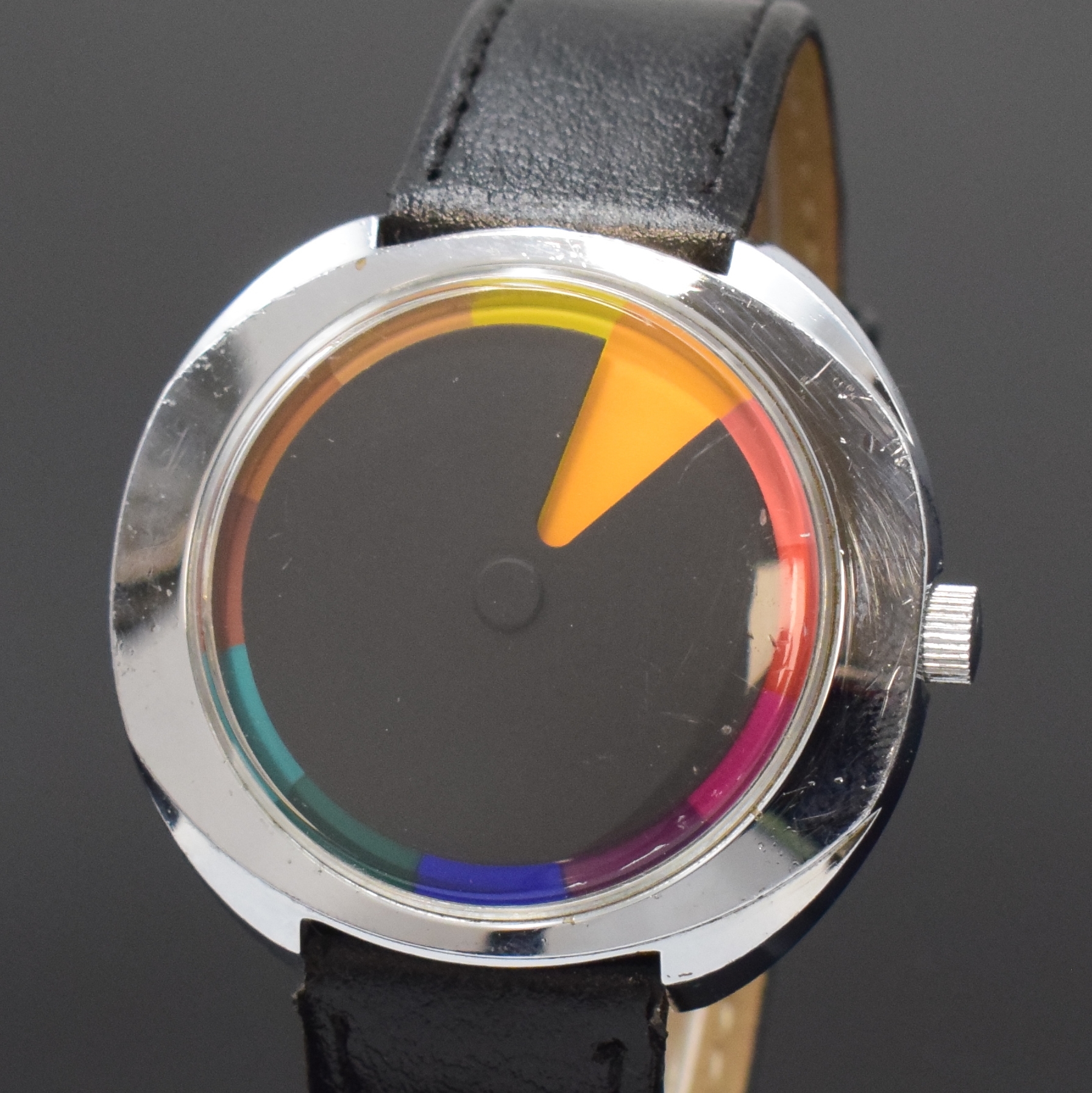 Detail a: CHROMACHRON Tian Harlan sogenannte "Anti- Stress-Uhr" in früher Ausführung, Deutschland um 1975, Handaufzug, verchr. Geh. m. verschr. ...