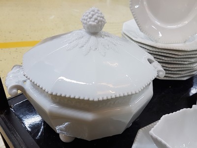 26780069h - Dinner service, Nymphenburg, 20th century, 12 -sided basic shape with raised pearl rim, 12 flat plates, 11 deep plates, lidded tureen, 3 side dishes, 2 oval plates, 2 oval bowls, large round plate, gravy boat, slight traces of usage