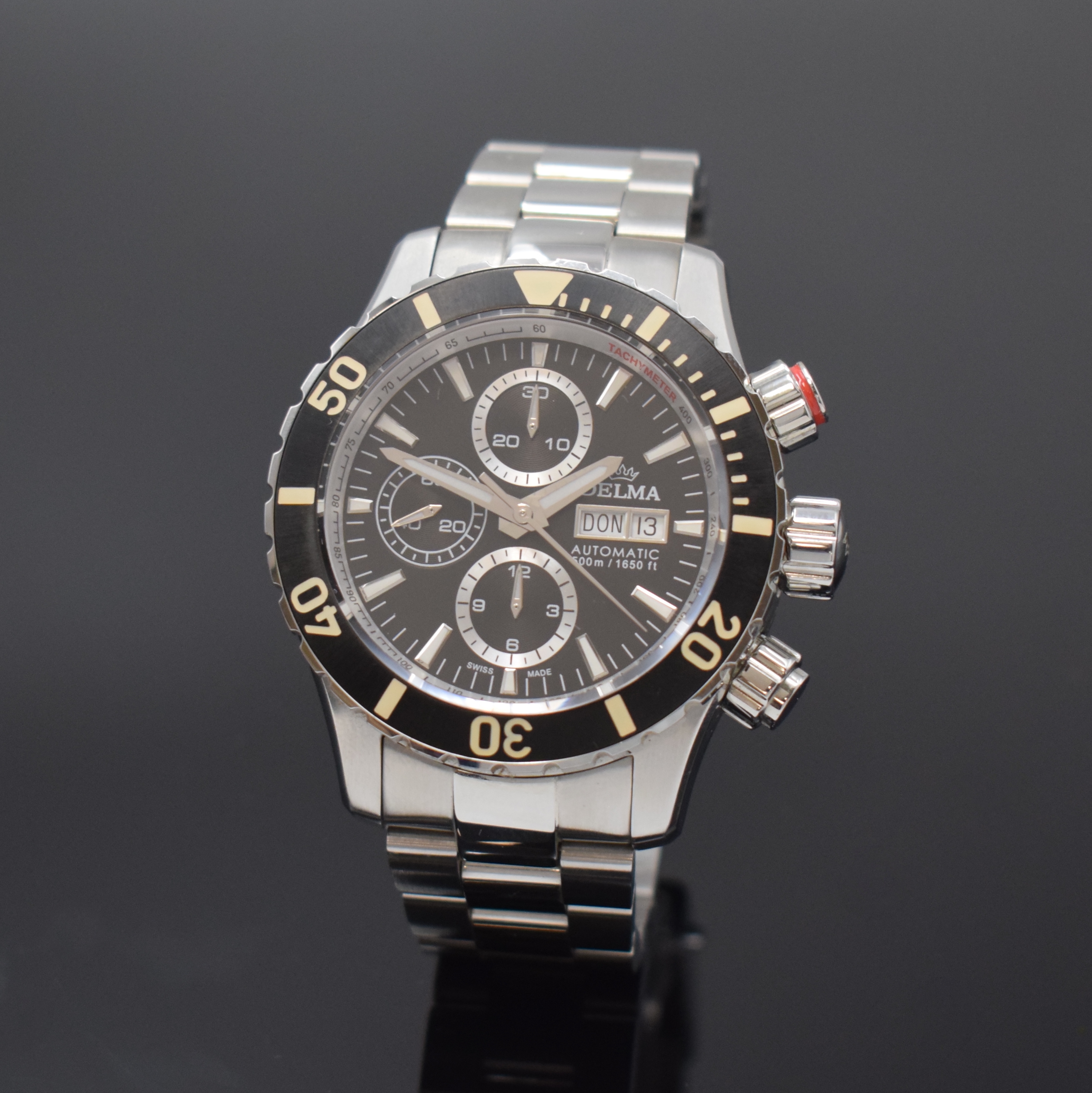 DELMA Herrenchronograph in Stahl, Schweiz um 2015, Automatik, beids. vergl. Geh. inkl. orig. Gliederband m. Faltschl., Boden u. Krone verschr., ...