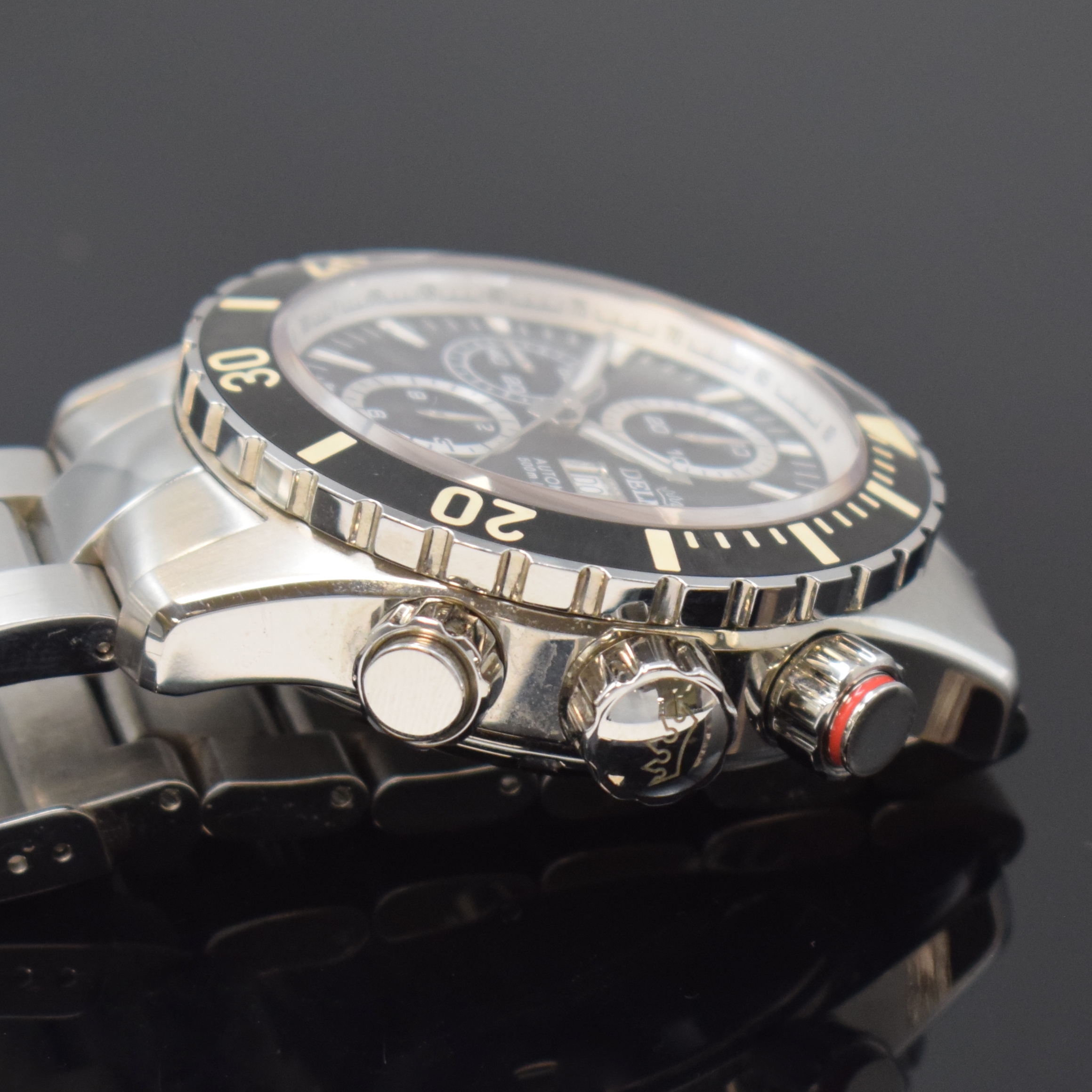 Detail c: DELMA Herrenchronograph in Stahl, Schweiz um 2015, Automatik, beids. vergl. Geh. inkl. orig. Gliederband m. Faltschl., Boden u. Krone verschr., ...