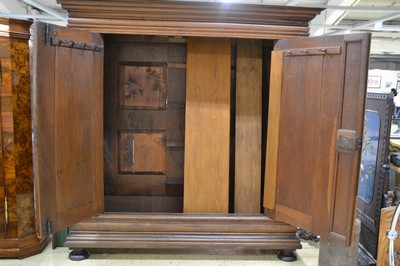 26780169a - Baroque cupboard, around 1770, solid oak, 2 doors, made on a frame, doors with light decorative inlays, orig. Lock, 1 key, approx. 218 x 214 x 70 cm, condition 2