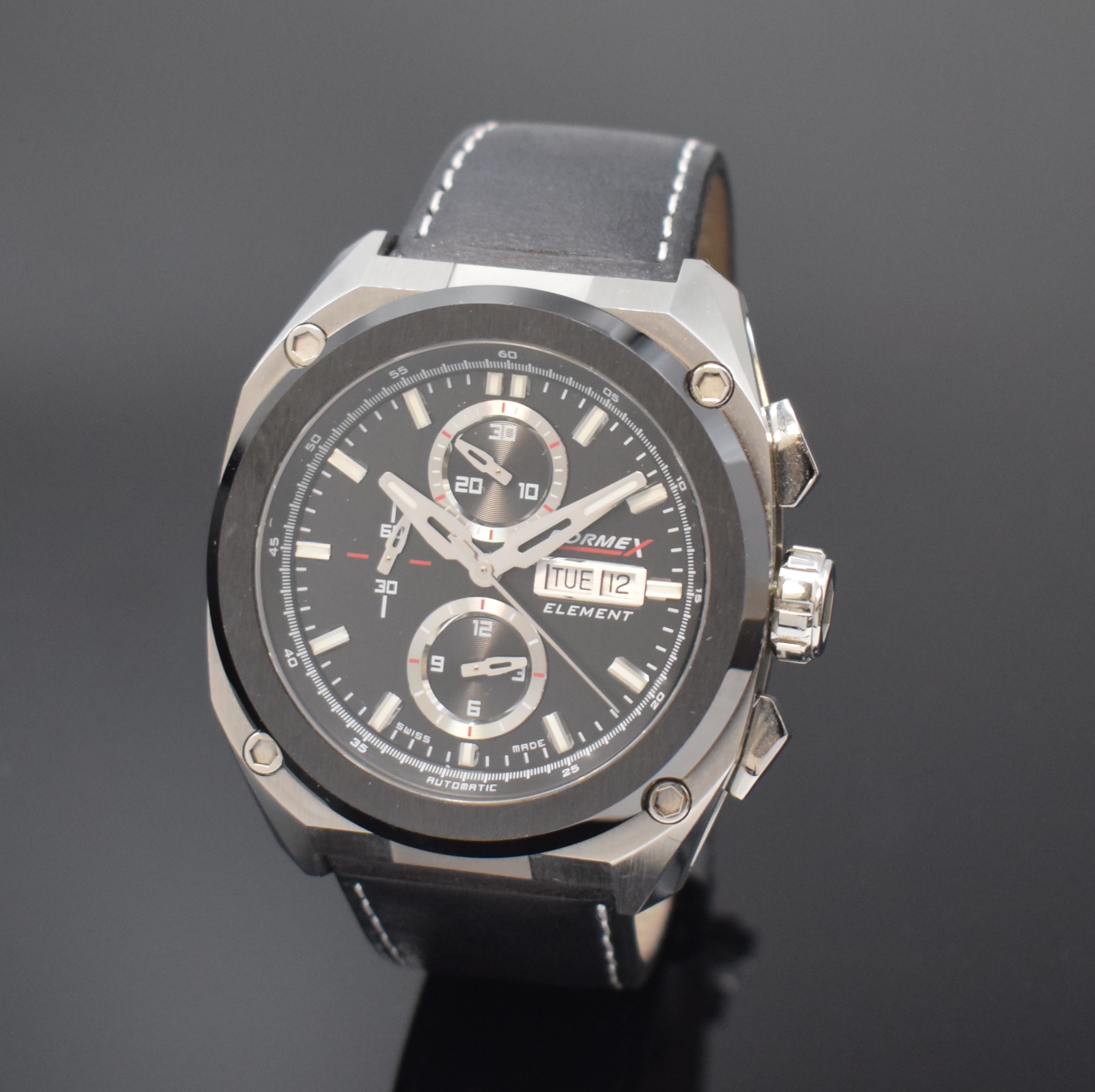 FORMEX Armbandchronograph Element in Stahl/Keramik Referenz 1200.5.8027,, Schweiz um 2015, Automatik, beids. vergl. Geh. inkl. orig. Lederband m. ...