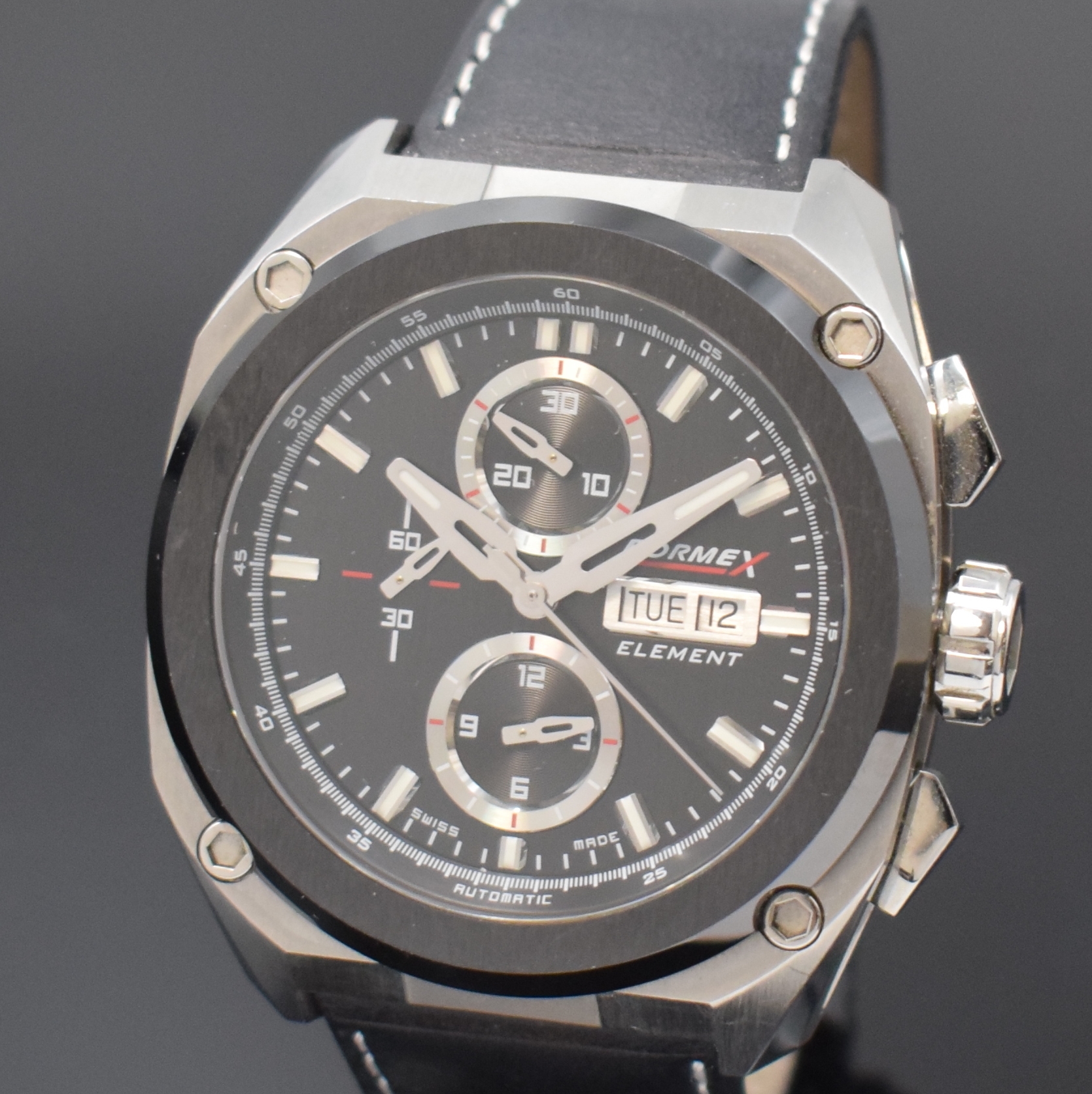Detail a: FORMEX Armbandchronograph Element in Stahl/Keramik Referenz 1200.5.8027,, Schweiz um 2015, Automatik, beids. vergl. Geh. inkl. orig. Lederband m. ...