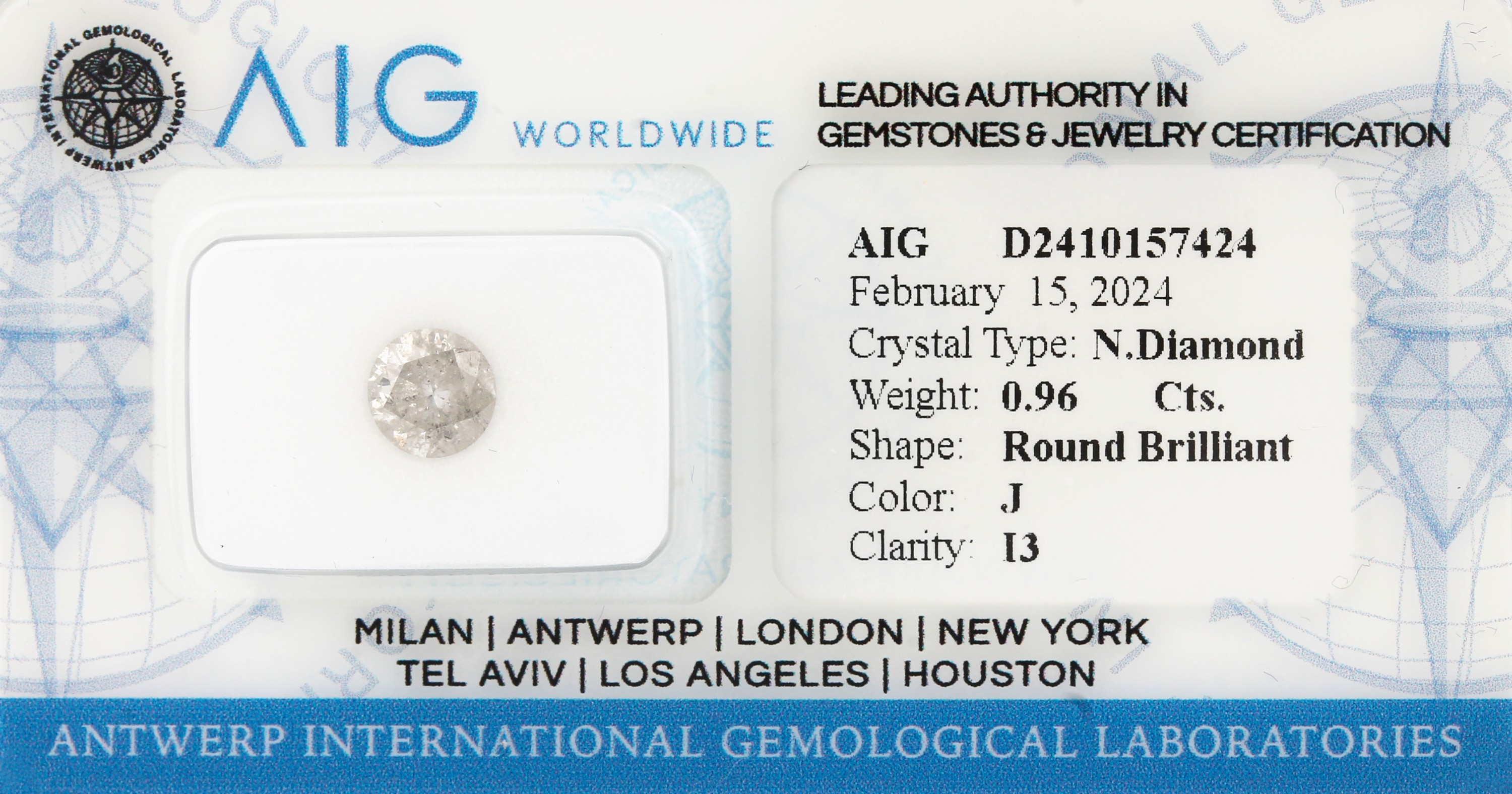 Loser Brillant, ca. 0.96 ct l.get.Weiß(J)/p3, eingeschweißt, mit AIG-Expertise