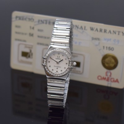 Image OMEGA Constellation My Choice ladies wristwatch with diamonds sold according to warranty 09/1999, quartz, stainless steel case including bracelet with deployant clasp, case back with representation observatory pressed on, bezel lavish set with diamonds, mother of pearl dial with silvered hour- indices, silvered hands, diameter approx. 22 mm, length approx. 18,5 cm, warranty papers and 2 additional bracelet elements enclosed, condition 2
