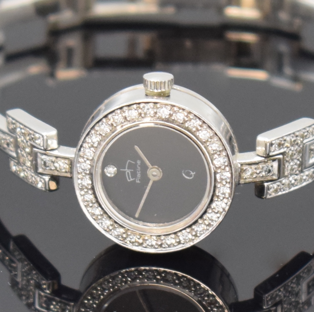 Detail a: PH Flatline Damenarmbanduhr in WG 585/000, Deutschland um 1980, quarz, Boden aufgedr. Lünette wie Bandanst. aufw. m. Diamanten bes., schwarzes ...