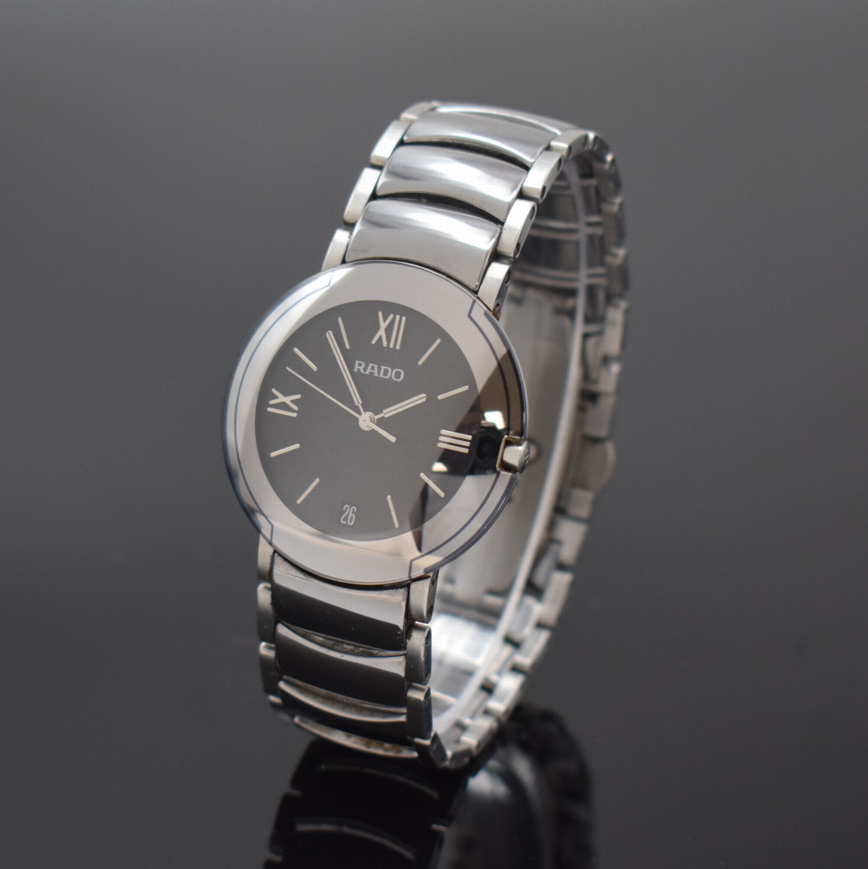 RADO Diastar Herrenarmbanduhr in Stahl Referenz 115.0624.3, Schweiz um 2010, quarz, Boden aufgedr., orig. Gliederband in High- Tech Keramik m. dopp. ...