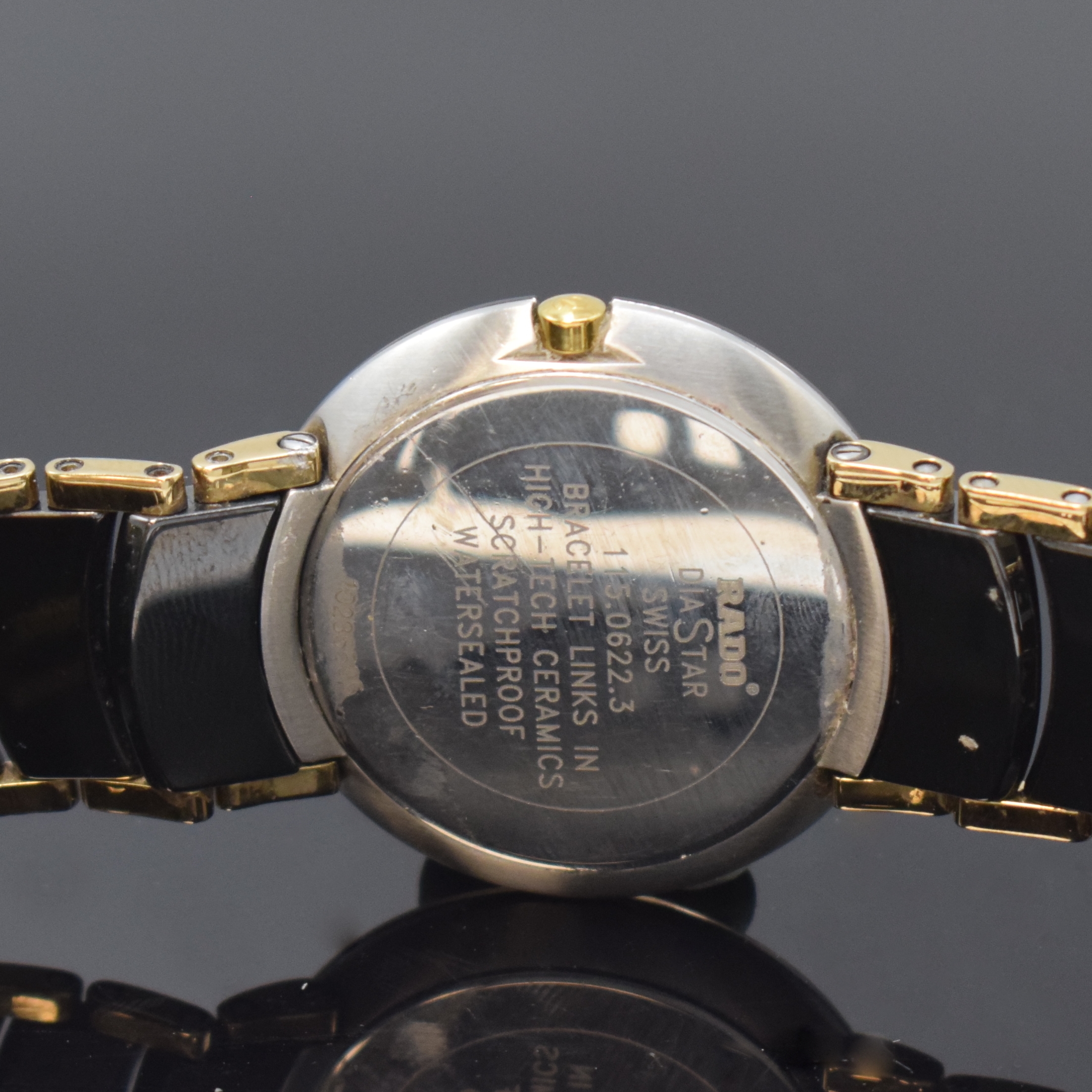 Detail c: RADO Diastar Herrenarmbanduhr Referenz 115.0622.3, Schweiz um 2006, quarz, Edelstahlgeh., Boden aufgedr., Keramik- Gliederband m. dopp. Faltschl. in ...