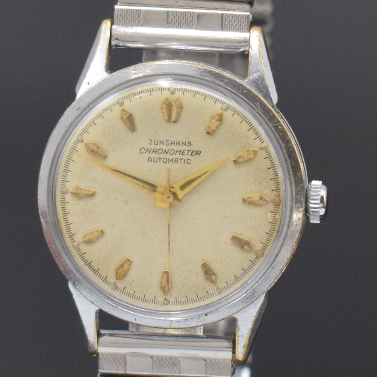 Detail a: JUNGHANS Chronometer Kaliber 83 verchromte Herrenarmbanduhr, Deutschland um 1960, Automatik, Geh. m. aufgedr. Stahlboden, Flexband, silb. Zifferbl. ...