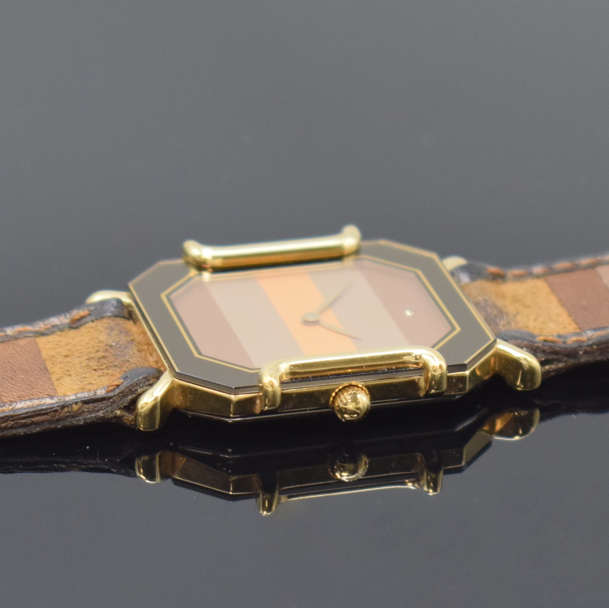 Detail c: RADO Florence Armbanduhr Referenz 150.3408.2, Schweiz um 1995, quarz, Stahl/vergoldet, Boden 4-fach verschr., orig. Lederband m. Dornschl., mehrfarb. ...
