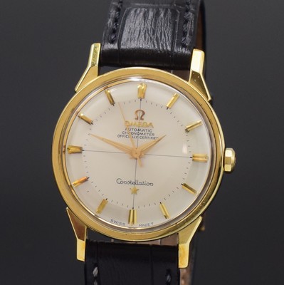 26780591a - OMEGA gents wristwatch Constellation chronometer in steel/gold reference 167.005, Switzerland around 1967, self winding, screweddown case back with representation observatory, neutral leather strap with original buckle, silvered Pie-Pan dial with raised hour- indices, gilded luminous hands, movement copper coloured, calibre 551, 24 jewels, diameter approx. 34 mm, condition 2