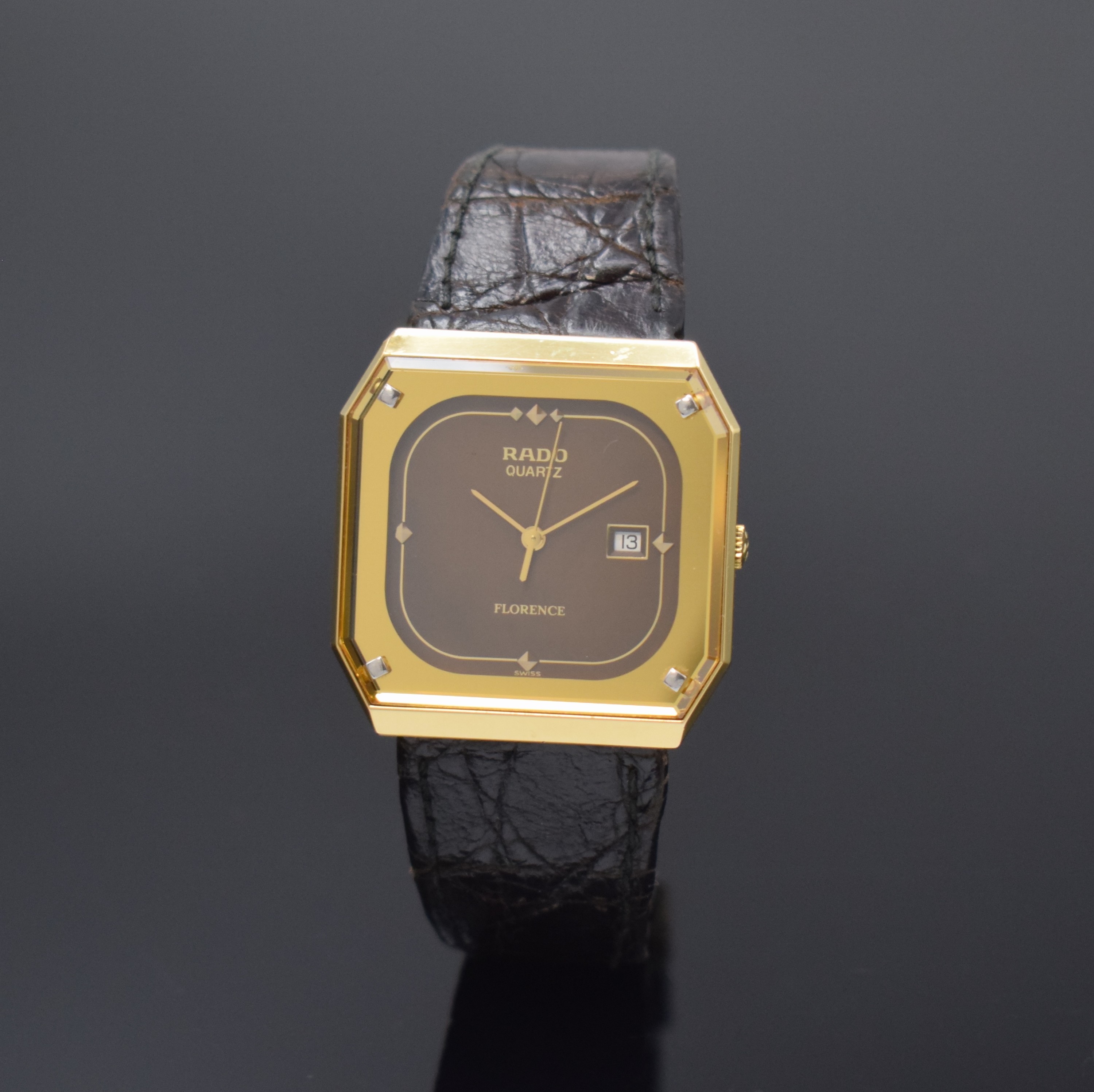 RADO Florence Armbanduhr in Stahl/Gold Referenz 129.3327.2, Schweiz um 1995, quarz, Boden aufgedr., orig. Lederband m. Dornschl., Saphirglas, braunes ...