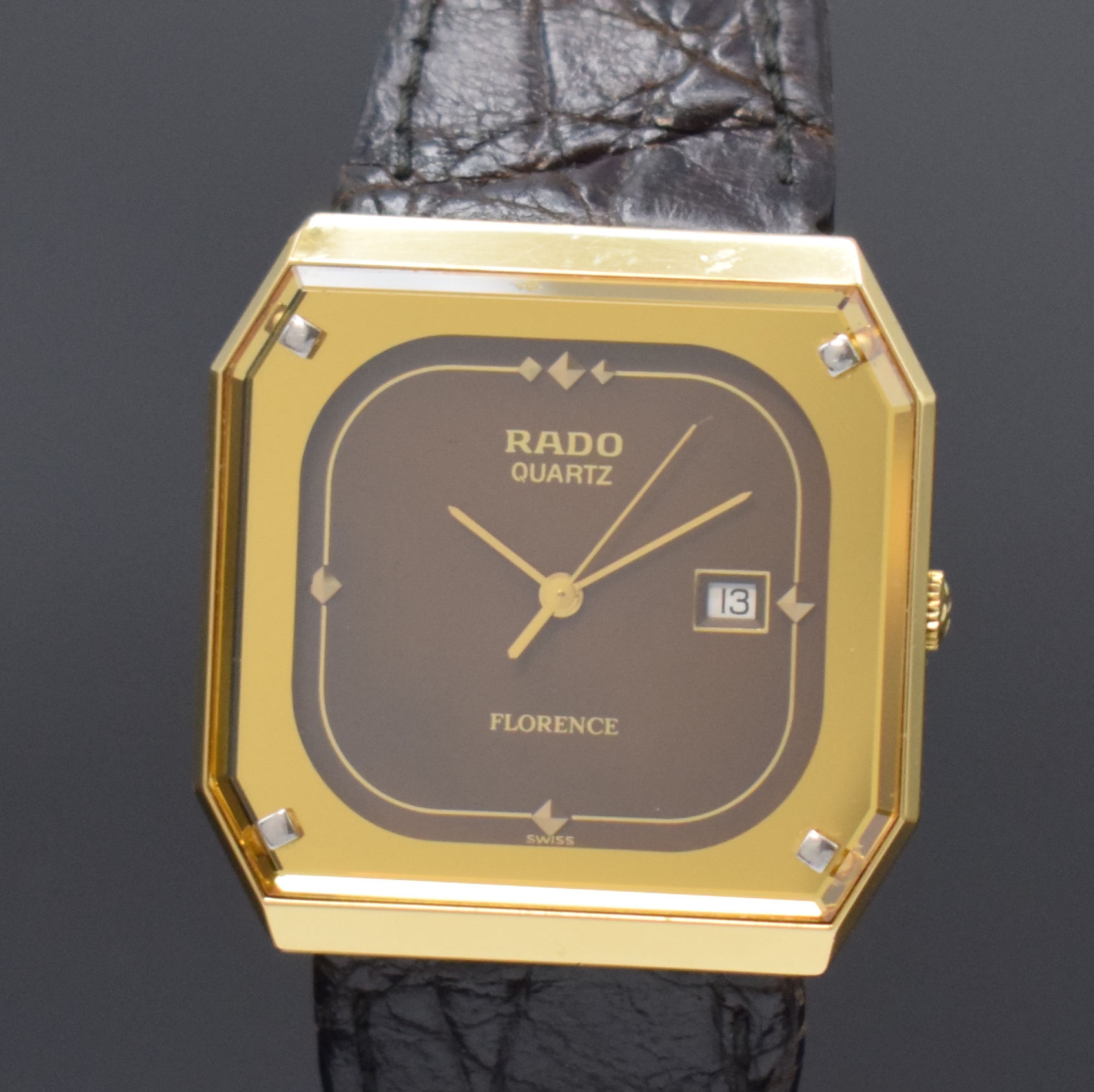 Detail a: RADO Florence Armbanduhr in Stahl/Gold Referenz 129.3327.2, Schweiz um 1995, quarz, Boden aufgedr., orig. Lederband m. Dornschl., Saphirglas, braunes ...