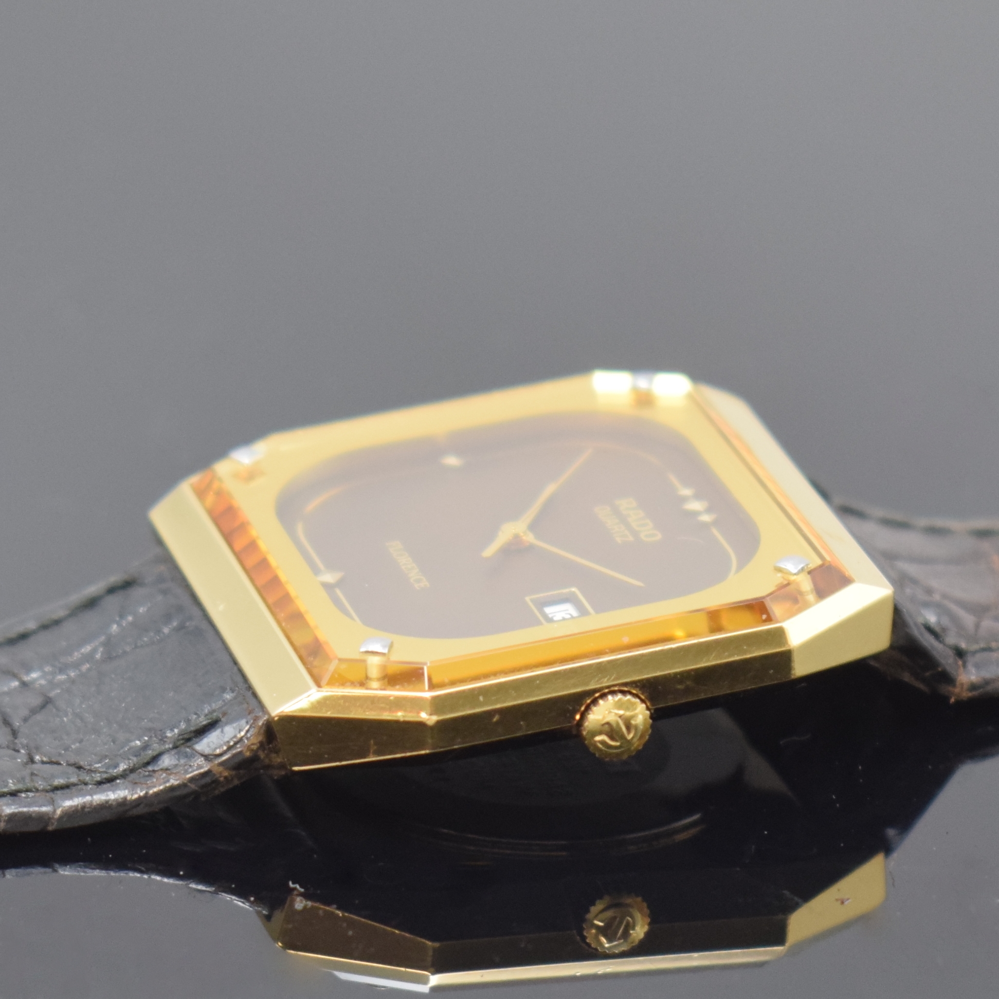 Detail c: RADO Florence Armbanduhr in Stahl/Gold Referenz 129.3327.2, Schweiz um 1995, quarz, Boden aufgedr., orig. Lederband m. Dornschl., Saphirglas, braunes ...