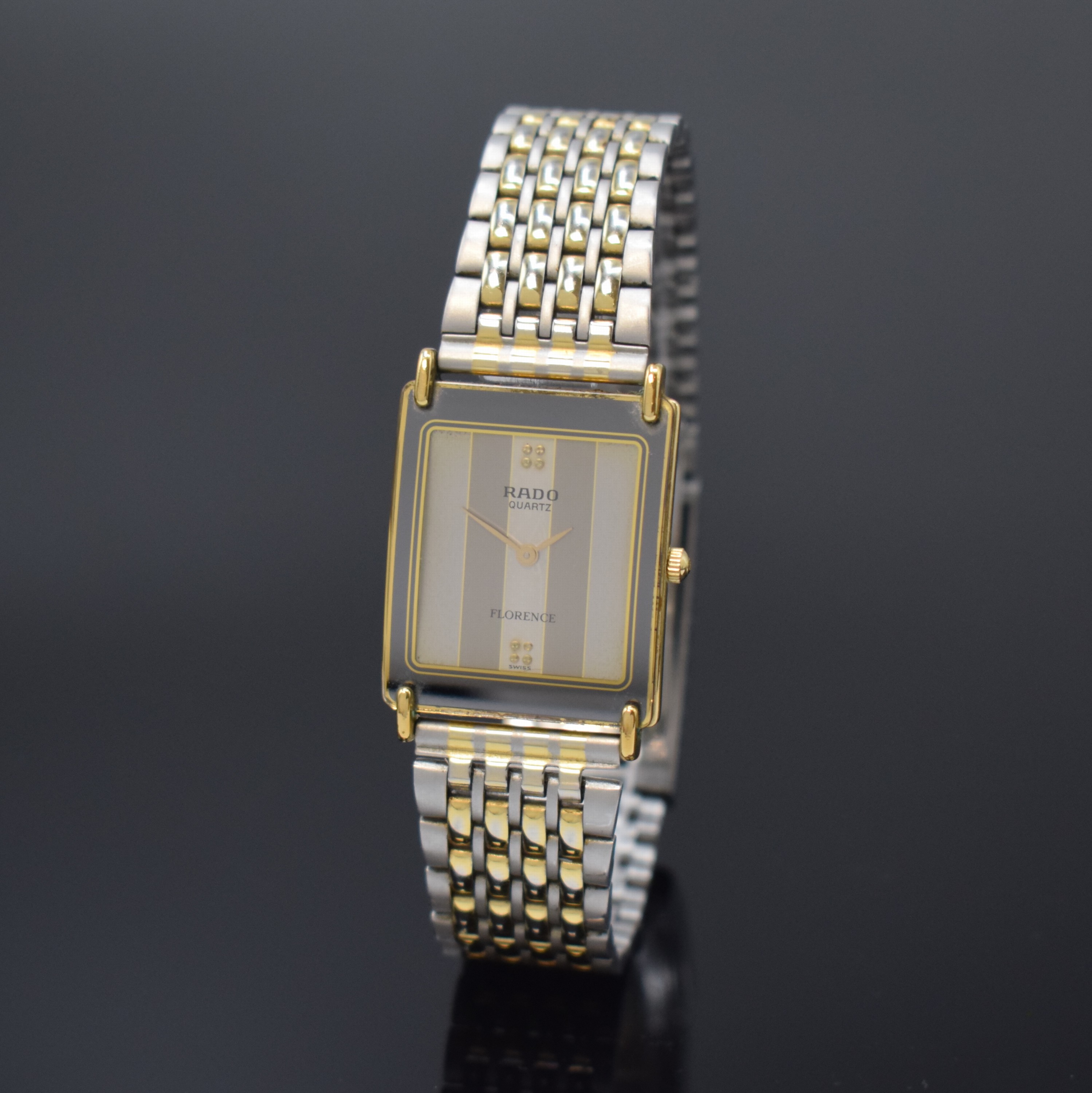 RADO Florence Armbanduhr in Stahl/Gold Referenz 153.3440.2, Schweiz um 1995, quarz, Boden 4-fach verschr., neutr. Stahlband m. Faltschl., silb. ...