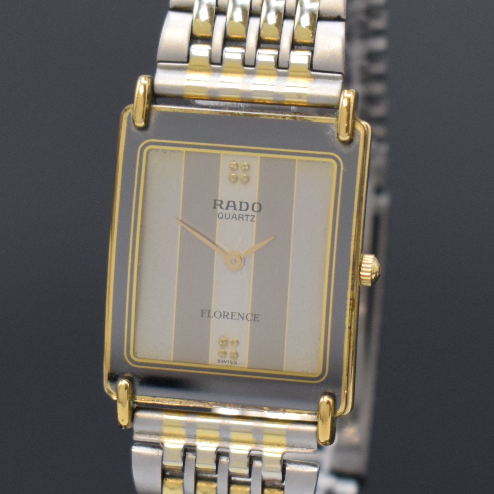 Detail a: RADO Florence Armbanduhr in Stahl/Gold Referenz 153.3440.2, Schweiz um 1995, quarz, Boden 4-fach verschr., neutr. Stahlband m. Faltschl., silb. ...