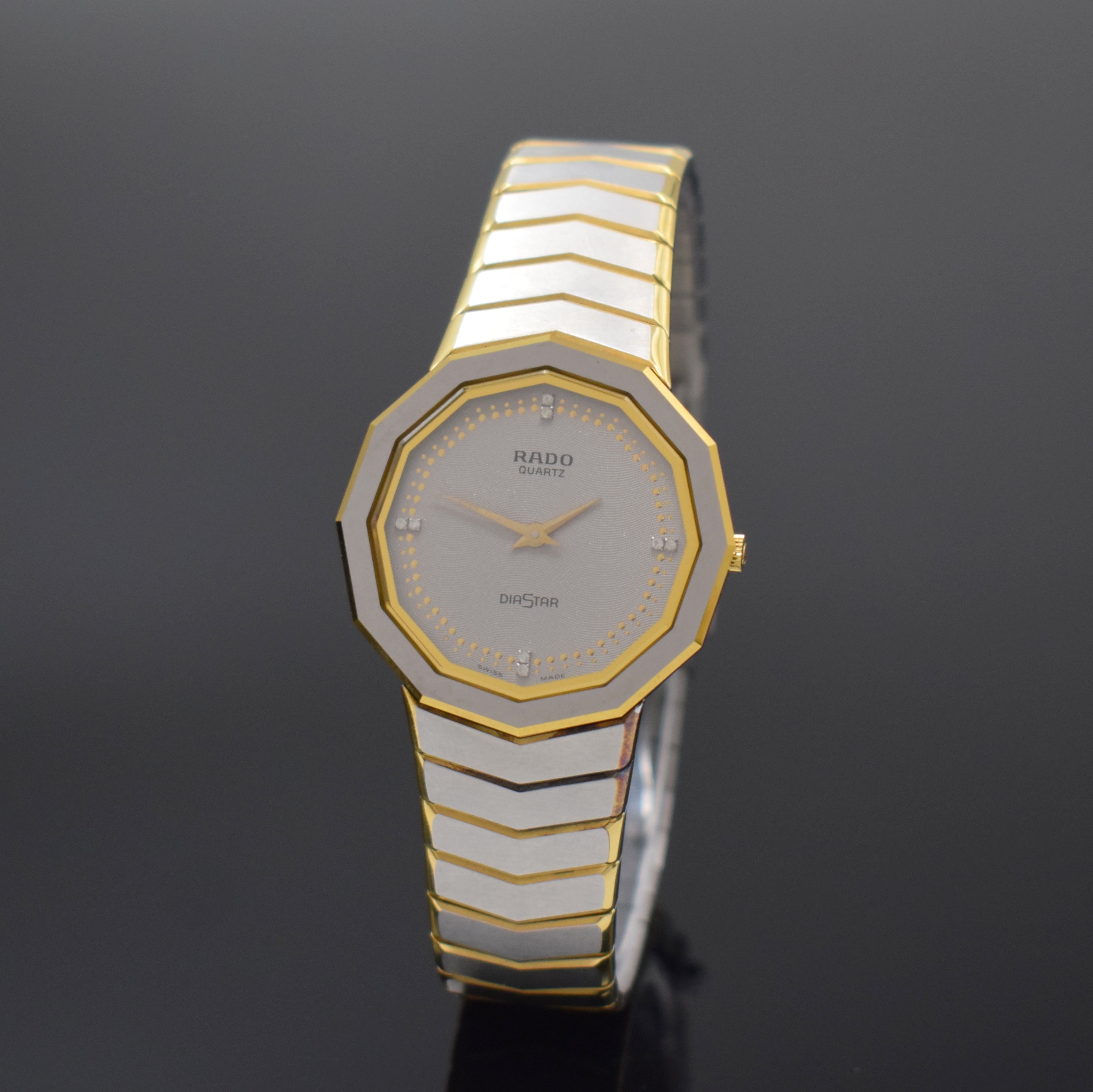 RADO Diastar Armbanduhr in Stahl/Gold Referenz 150.0209.3, Schweiz um 1995, quarz, orig. Gliederband m. dopp. Faltschl., Boden 4-fach verschr., silb. ...