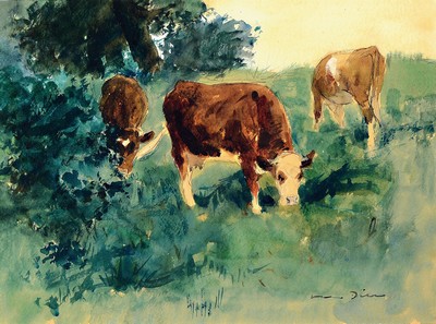 Image 26780608 - Otto Dill, 1884 Neustadt-1957 Bad Dürkheim, three grazing cows on pasture, watercolor on paper, signed lower right, approx. 34x45cm, PP, under glass, frame approx. 49x61cm