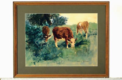 26780608k - Otto Dill, 1884 Neustadt-1957 Bad Dürkheim, three grazing cows on pasture, watercolor on paper, signed lower right, approx. 34x45cm, PP, under glass, frame approx. 49x61cm