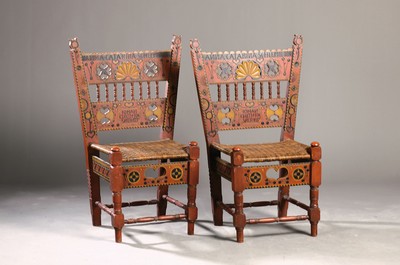 Image 26780663 - Pair of "Schwalm bridal chairs", dated 1837 and monogrammed, elaborate carving, frame in good condition, seat with wickerwork, height approx. 98 cm, sh. approx. 43 cm, condition 2