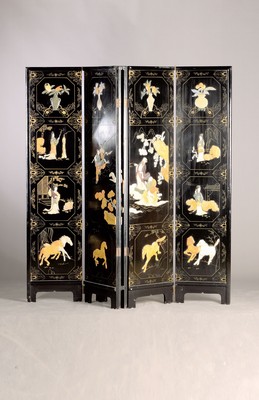 Image 26780665 - Screen, China, 20th century, six sections, figurative representations with soapstone applied, gilded painting, opened, approx. 183 x 258 cm, condition 2