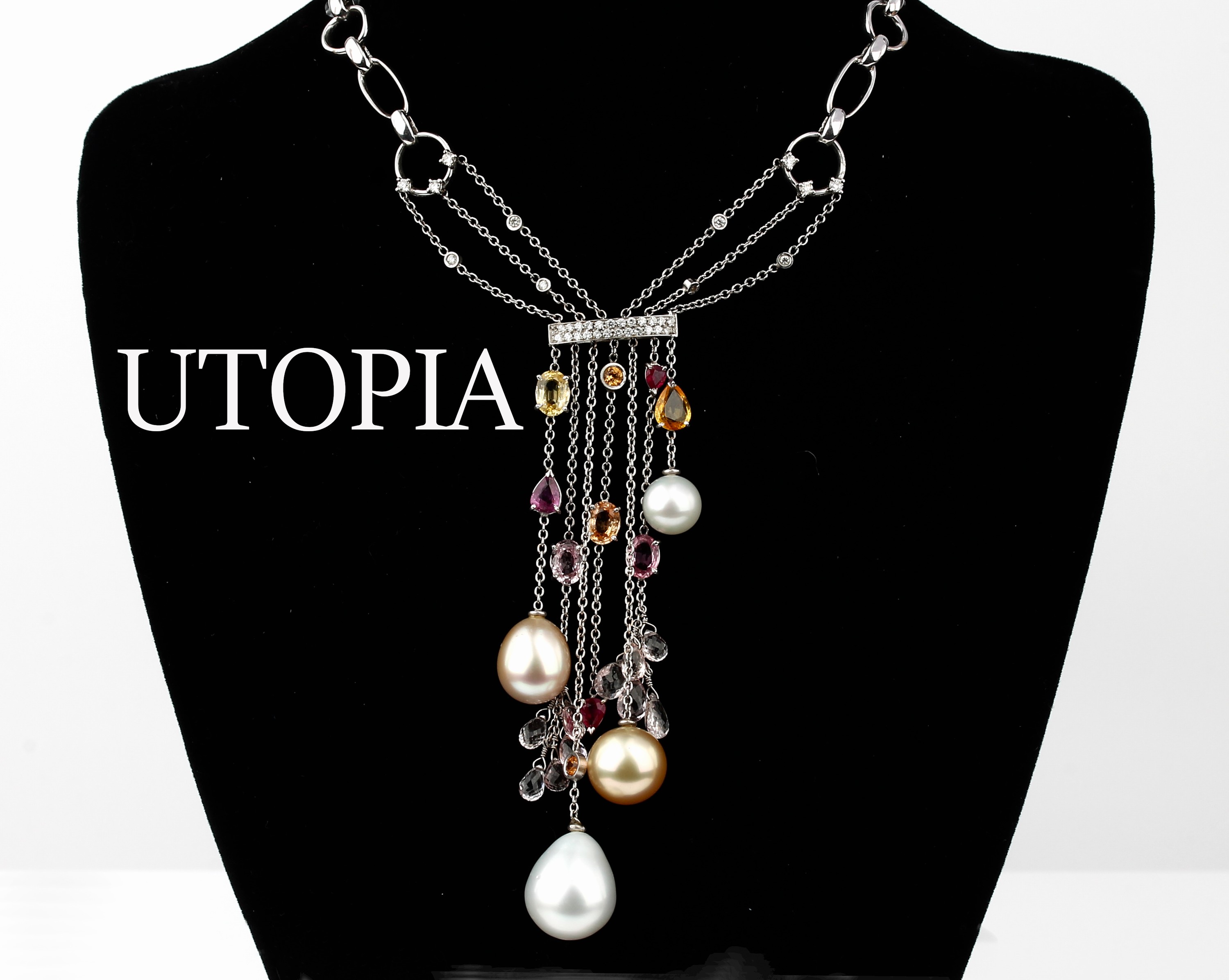 18 kt Gold UTOPIA Farbstein Diamant Perl Collier, WG 750/000, bewegliche mit facett.Saphire und Rubine zus. ca. 12.0 ct in gelb, rot und rosa, 36 ...