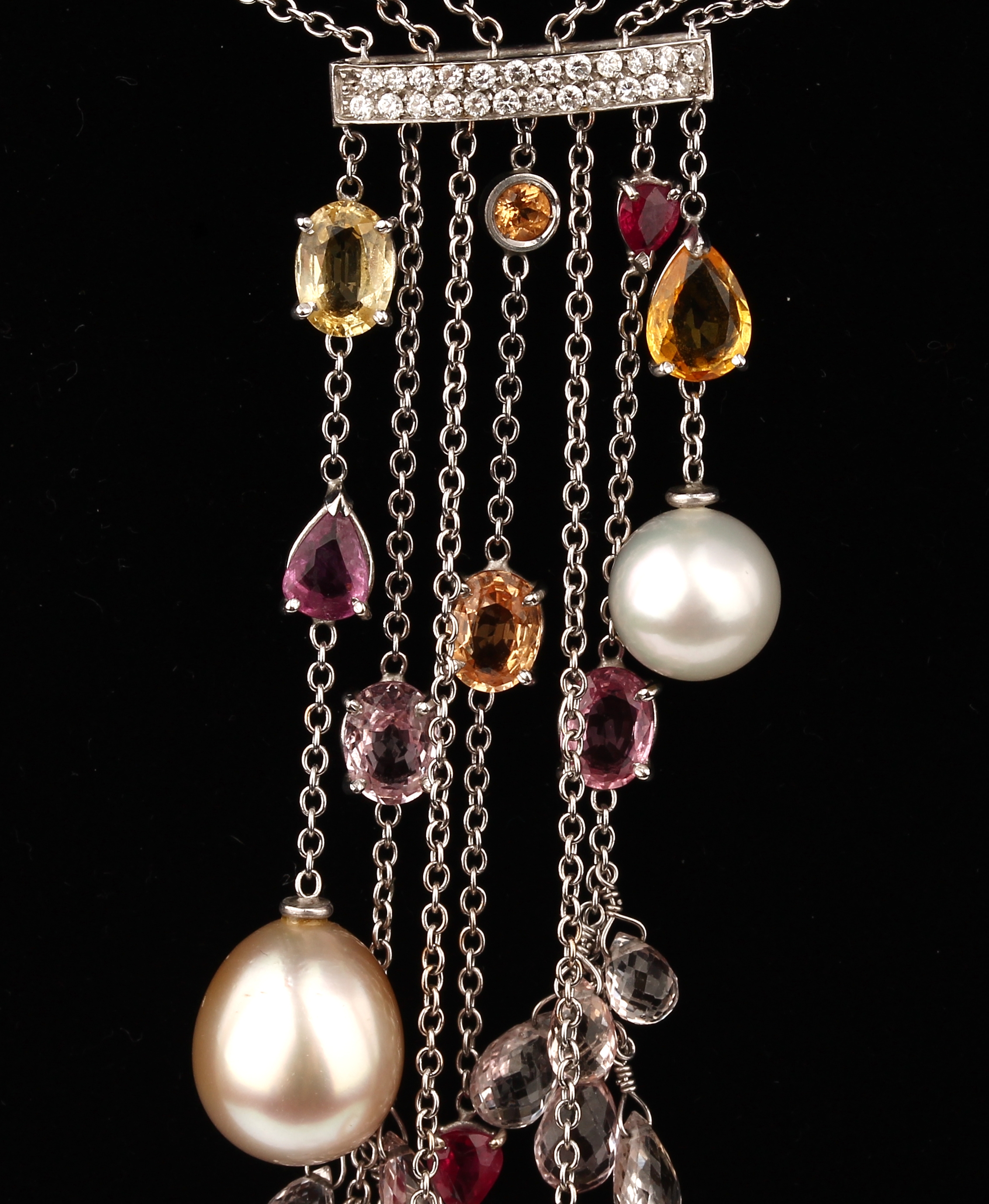 Detail b: 18 kt Gold UTOPIA Farbstein Diamant Perl Collier, WG 750/000, bewegliche mit facett.Saphire und Rubine zus. ca. 12.0 ct in gelb, rot und rosa, 36 ...