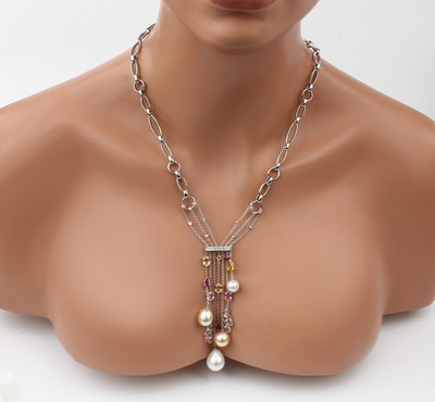 26780773a - 18 kt gold UTOPIA coloured stone diamond pearl necklace