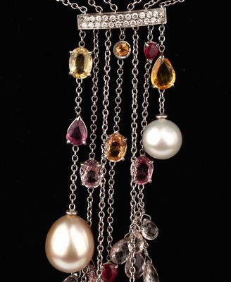 26780773b - 18 kt gold UTOPIA coloured stone diamond pearl necklace