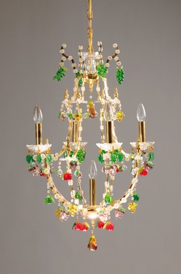 Image 26780779 - Ceiling lamp, Italy, 1970s, brass, 5 burners, colorless cut crystal lenses, colorful glass suspensions in the shape of fruits, electricity not tested, H. approx. 70cm (plus chain), D. approx. 50cm