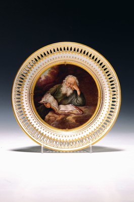 Image 26781053 - picture plates, KPM Berlin, around 1800, #"theHermit#" after Salomon Koninck, porcelain, fine hand painting, banner with breakthrough work, gold decoration, D. approx. 23.5 cm, flaw in gold rim, without painter's mark, grinding stroke