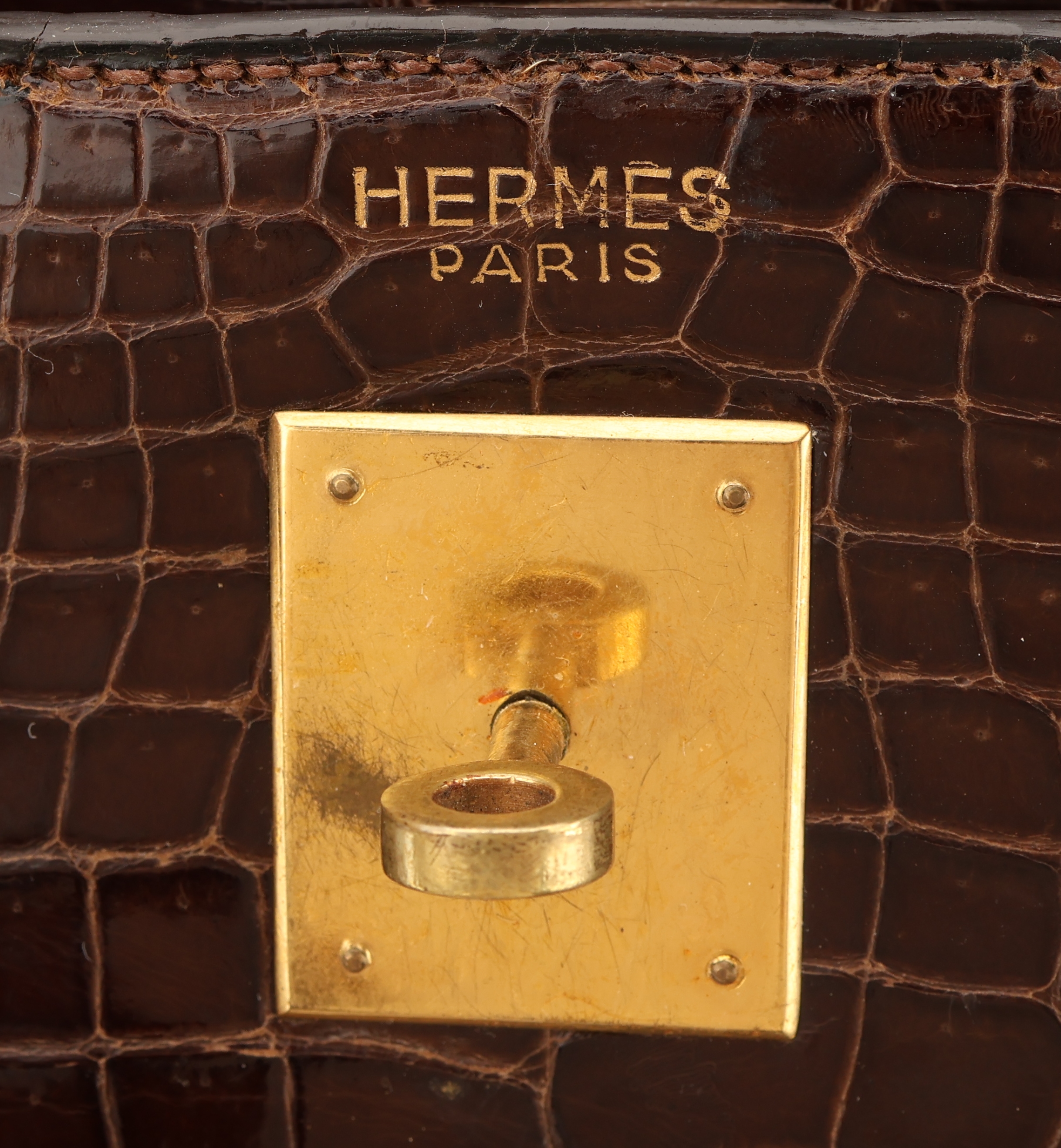 Detail j: Vintage HERMES Kelly Bag, 1960, Shiny Porosus Crocodile in Havanna Braun, Innenaustattung auf feinem Ziegenleder, goldene Hardware, ca. 32 x 11.5 x ...