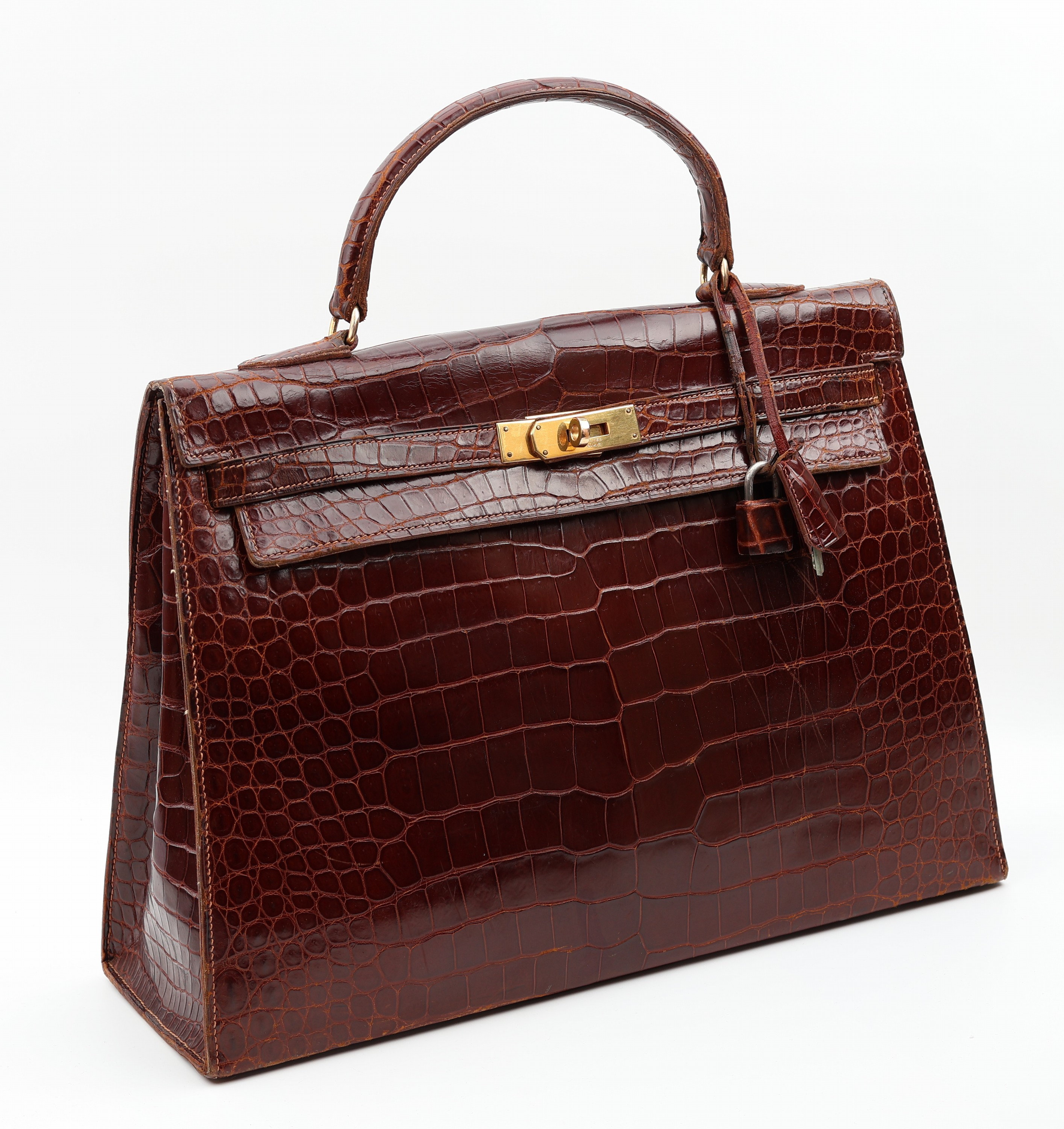 Detail o: Vintage HERMES Kelly Bag, 1960, Shiny Porosus Crocodile in Havanna Braun, Innenaustattung auf feinem Ziegenleder, goldene Hardware, ca. 32 x 11.5 x ...