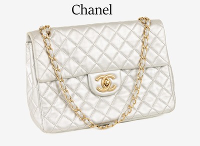 Image CHANEL Single Flap Back , metallic silver, Jumbo, lambskin leather with typ. checkered- ...