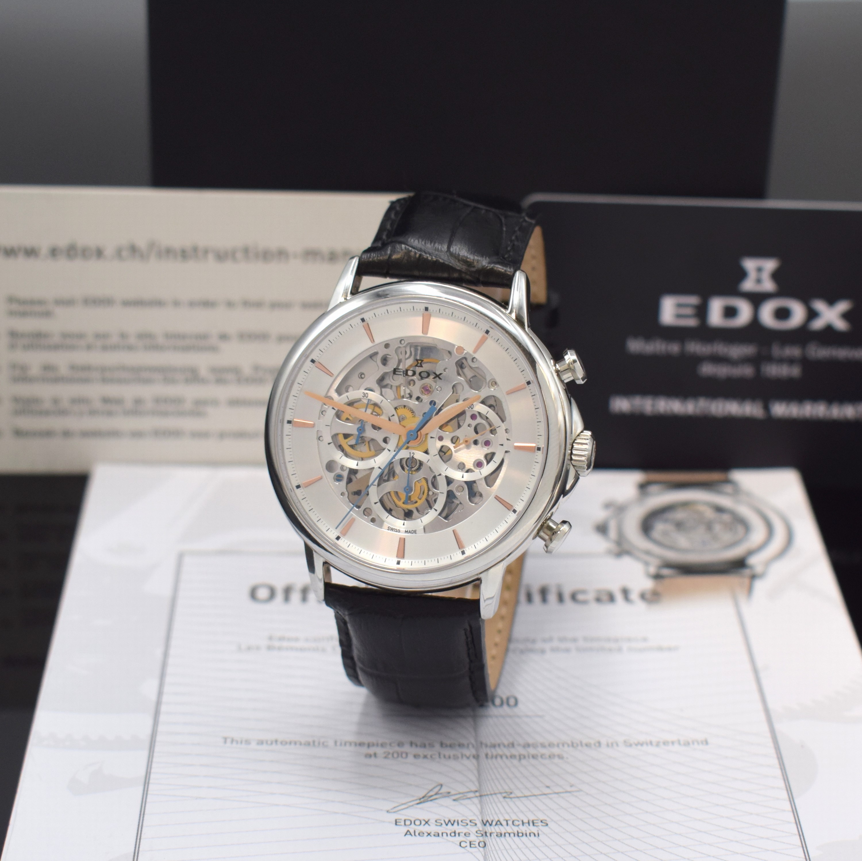 EDOX Les Bemonts C.R.-F. skelettierte und auf 200 Stück limitierter Armbandchronograph in Stahl, Schweiz um 2022, Automatik, orig. Lederband m. ...