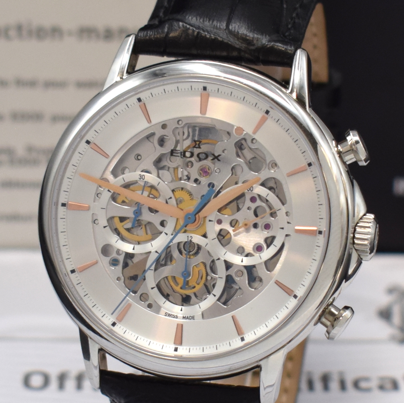 Detail a: EDOX Les Bemonts C.R.-F. skelettierte und auf 200 Stück limitierter Armbandchronograph in Stahl, Schweiz um 2022, Automatik, orig. Lederband m. ...