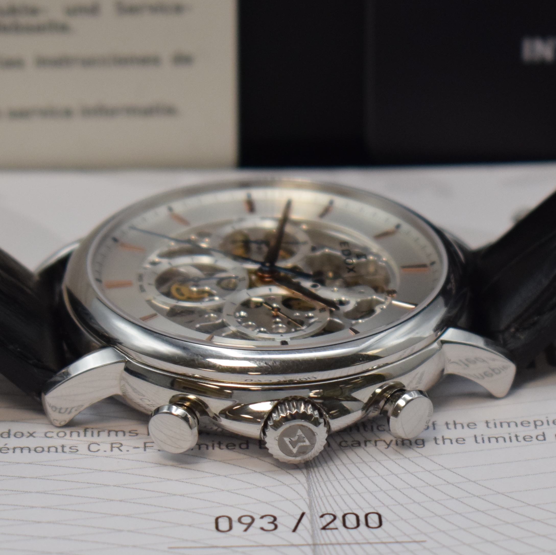 Detail c: EDOX Les Bemonts C.R.-F. skelettierte und auf 200 Stück limitierter Armbandchronograph in Stahl, Schweiz um 2022, Automatik, orig. Lederband m. ...