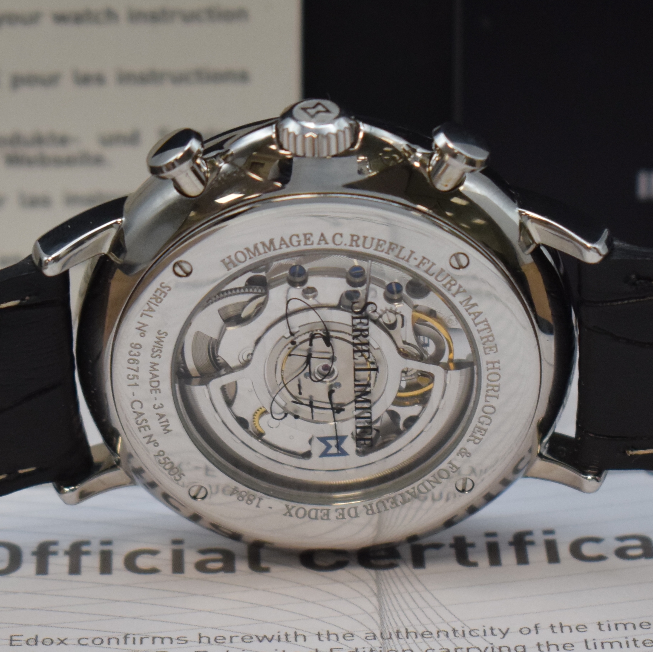 Detail e: EDOX Les Bemonts C.R.-F. skelettierte und auf 200 Stück limitierter Armbandchronograph in Stahl, Schweiz um 2022, Automatik, orig. Lederband m. ...