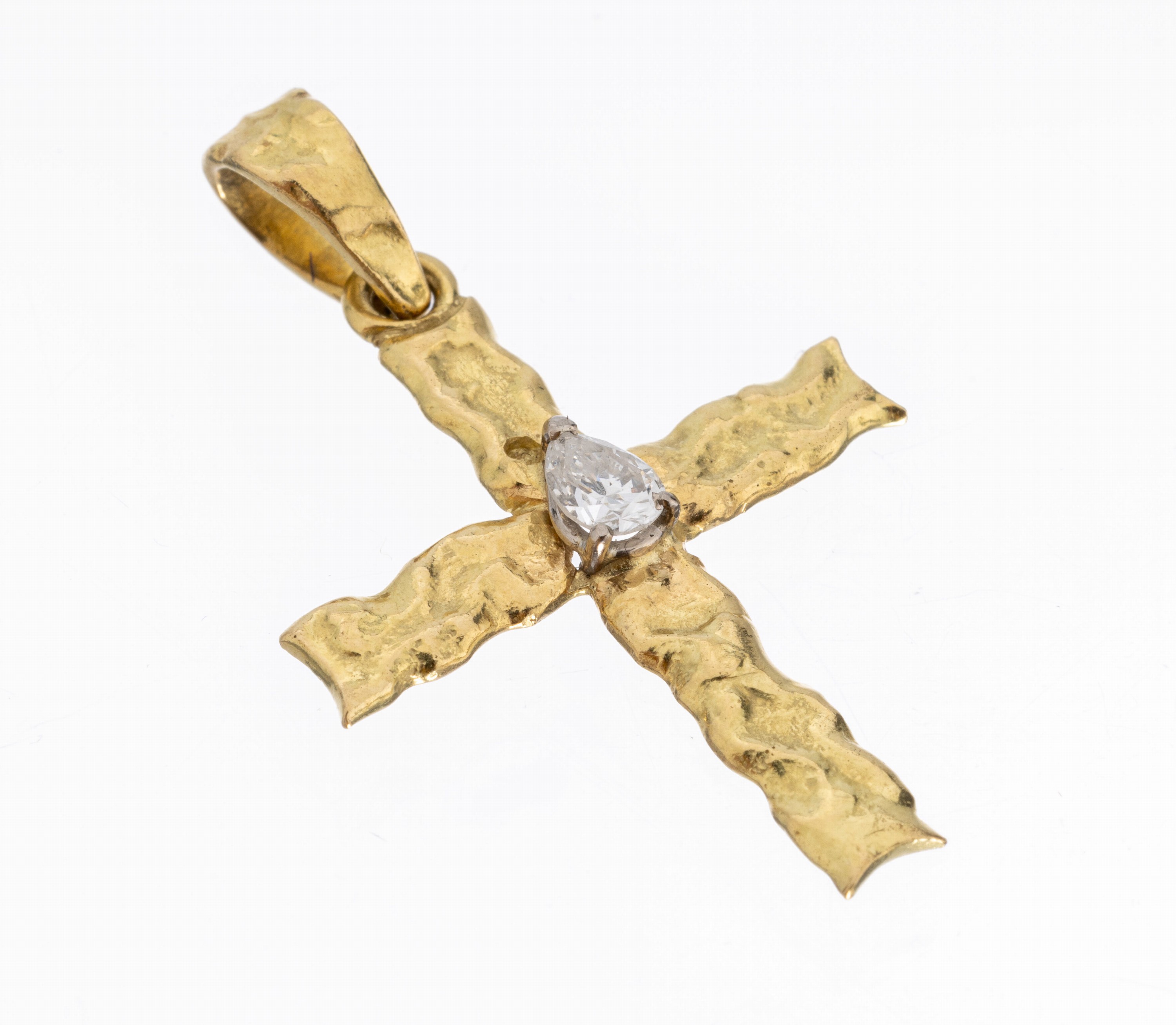 18 kt Gold Diamant-Kreuzanhänger, GG 750/000, Diamanttropfen ca. 0.20 ct Weiß/si, ca. 3 x 2 cm, ca. 2.5 g