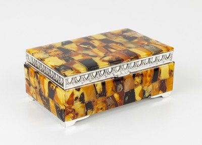 Image Amber-jewellery box , metal, cover and wallswith amber plates in different colours, ...