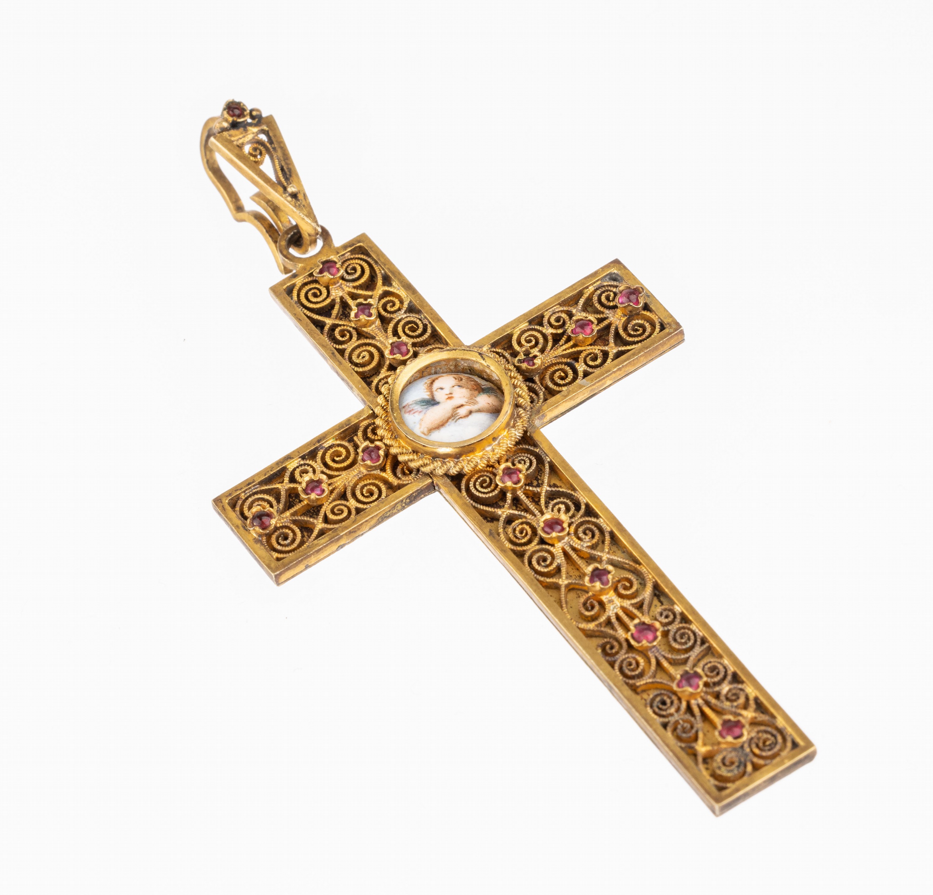 Silber Kreuzanhänger, um 1880, Silber verg., Porzellaneinlage mit Engelsmalerei, Kordel- verz., 16 kl. Rubine zus. ca. 0.15 ct, rs. floral grav., ...