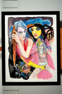 Image 26781544 - Kime Buzelli, contemporary artist from Los Angeles, #"It's not enough#", (Two Girls), mixed media, acrylic, watercolor and drawing on hand-made paper, signed, 76 x 56 cm, under glass, frame, # the artist was born in Ohio, she works as a painter, illustrator and fashion designer, her paintings are often about dark love stories or witchcraft and superstition, she studied at the Scholl of Design in NYC and Ohio State University