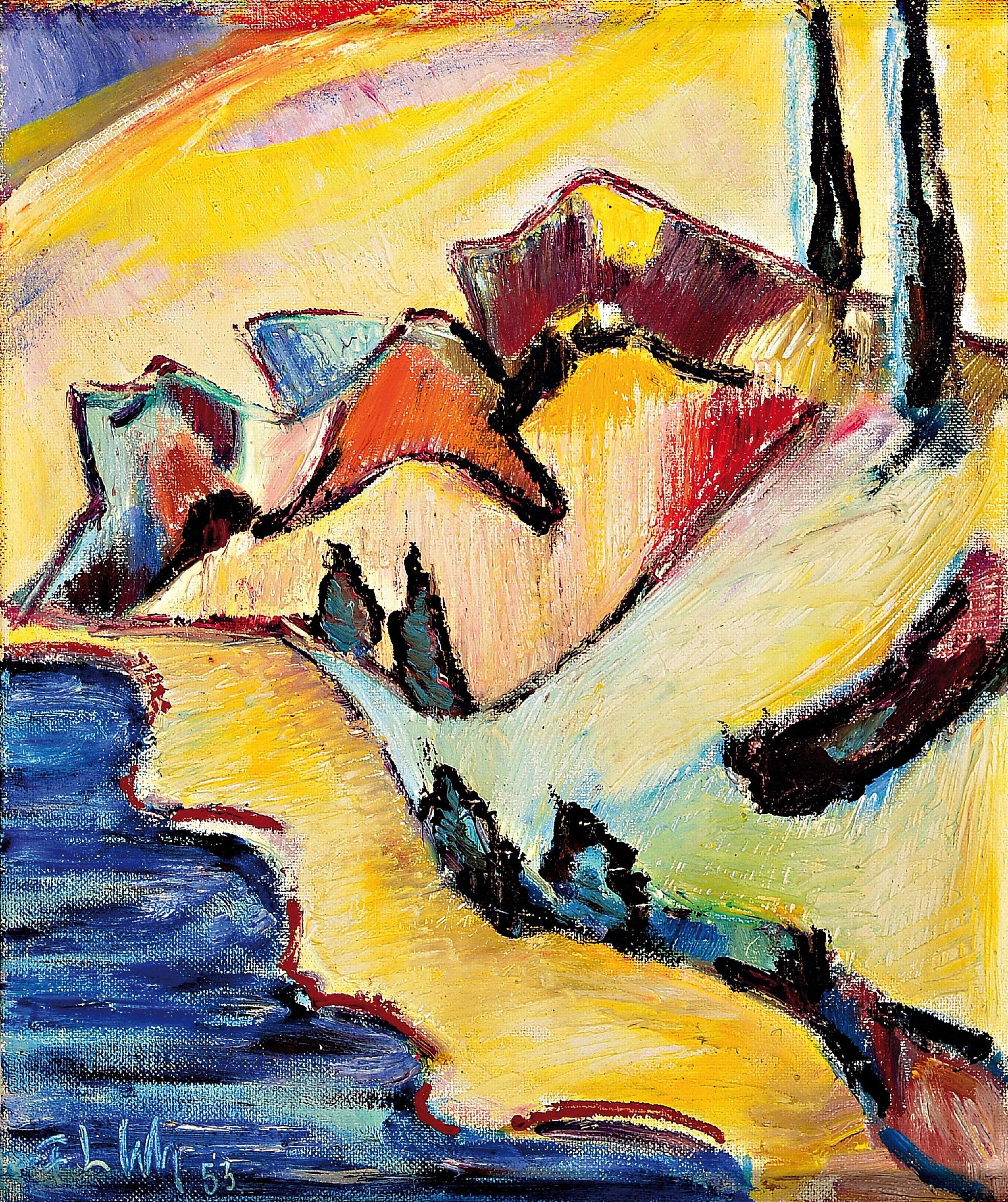 Detail a: Frank Ludwig Schäfer, geb. 1899 Mainz, zwei Ölgemälde, a. "Durchblick zu Meer, ca. 60 x 36 cm/ 86 x 62 cm, b. Bergformation an der Küste, ...